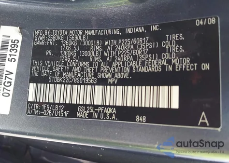 2008 Toyota Sienna Limited from USA, damaged, VIN 5TDBK22C78S019563